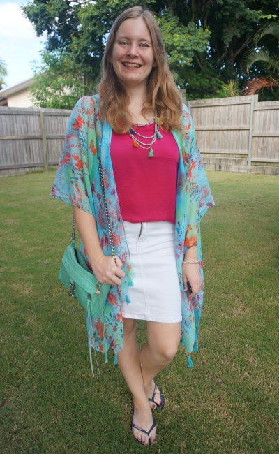 turquoise tropical print cover up with hot pink singlet and white denim skirt outfit | awayfromblue