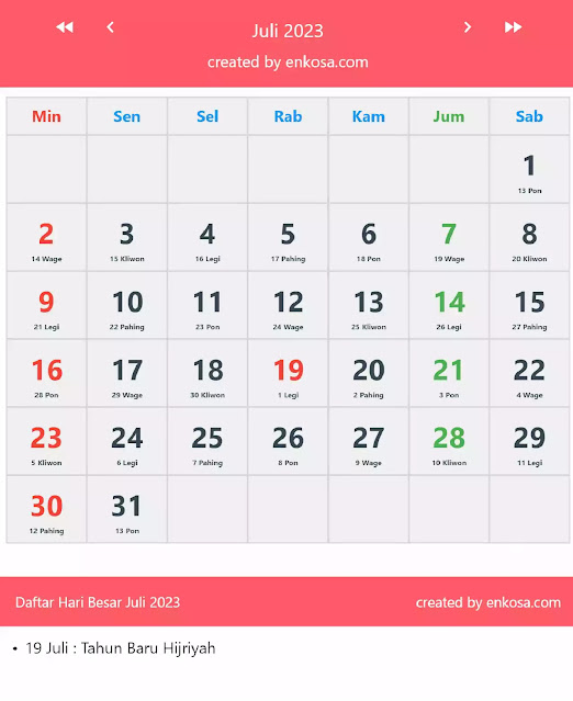 Kalender Bulan Juli 2023 Lengkap