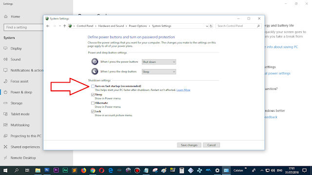 hilangkan/disable checkbox "turn on fast startup"