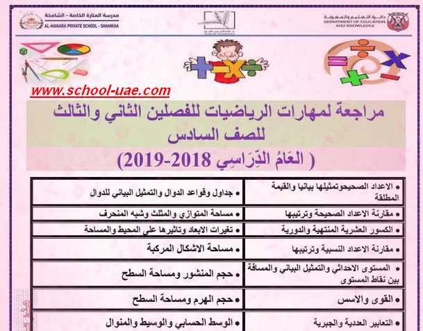 مراجعة رياضيات للصف السادس الفصل الثانى والثالث 2019 - مناهج الامارات