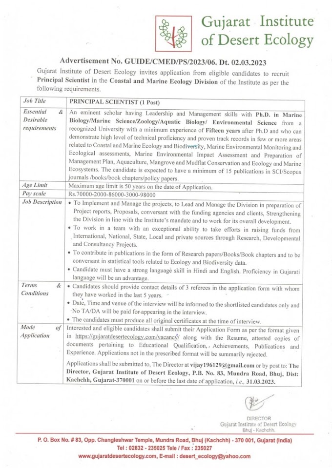 GIDE Bhuj Marine Ecology/Biodiversity Project Openings 