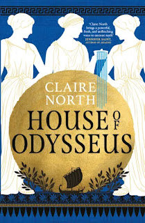 Book "House of Odysseus" by Claire North. In white relief, three women in Classical-style clothing. One is holding a cup from which liquid is pouring down across a gold foil circle (representing the sun?) across the bottom of which sails a Greek style warship at the bottom of the cover.