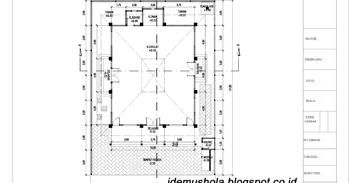 ide mushola denah mushola dan potongan bentang 10x12 m