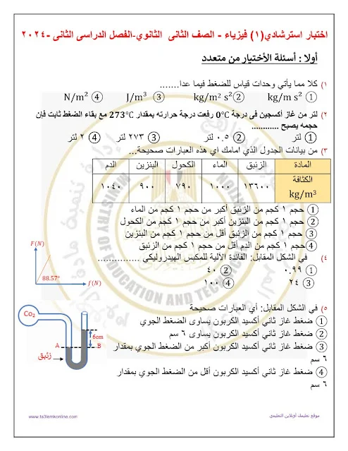 نموذج الوزارة الاسترشادى فى الفيزياء للصف الثانى الثانوى الترم الثانى 2024 pdf