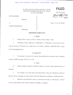 #lissonvmohsenin, #lissonvmohseninakalisson, 1:15-cv-1148-SS, Darius Mohsenin, Darius Mohsenin a/k/a Neil Lisson, Darius Mohsenin a/k/a Steve Lisson, www.lissonvmohsenin.com, lissonvmohsenin.com, Darius Mohsenin a/k/a InsiderVC, Lisson v. Mohsenin, Darius Mohsenin a/ka/ Steve Neil Lisson