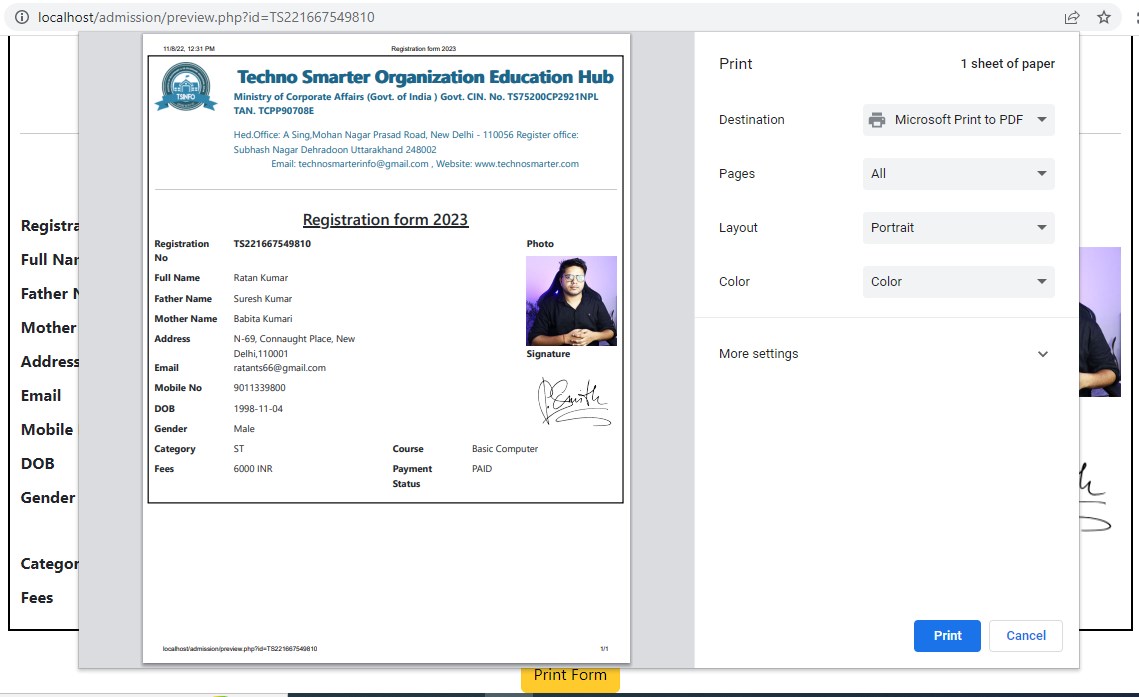 Student registration form print as PDF in PHP