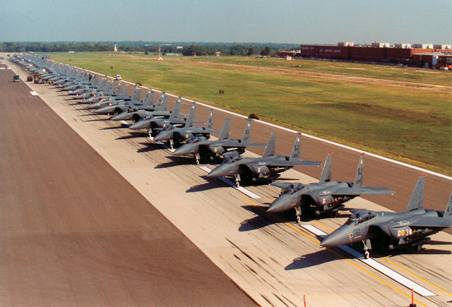 75 F-15E Strike Eagles from Seymour Johnson Air Force Base, N.C., are waiting out Hurricane Isabel on a runway here.