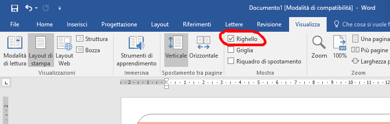 Attivazione righello in Word