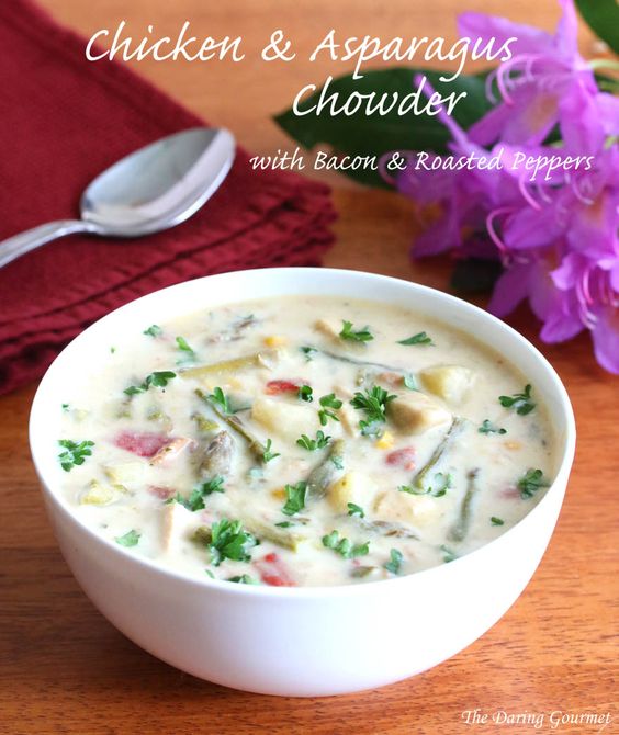 This creamy chicken and asparagus chowder packs in bacon, corn, potatoes and roasted red peppers for a thoroughly satisfying meal!