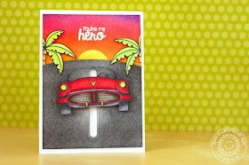 Sunny Studio Stamps: You're My Hero Slider Car Card by Eloise Blue (using Sock Hop, Stars & Stripes & Island Getaway)