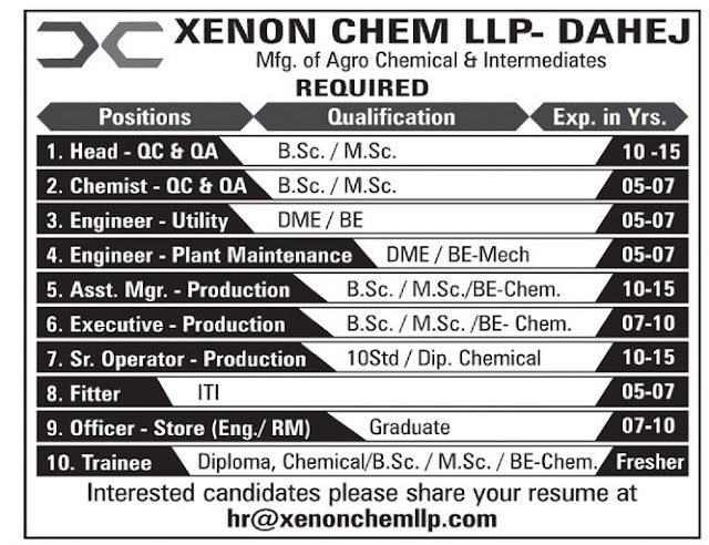 XENON CHEM LLP Hiring For Fresher and Experienced MSc/ BSc/ Diploma/ BE Chemical/ Mechanical - Job Availables