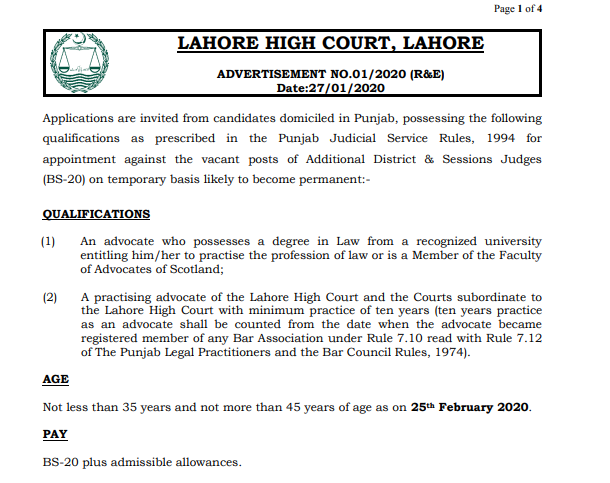 Lahore High Court LHC Jobs 2020 Download Application Form