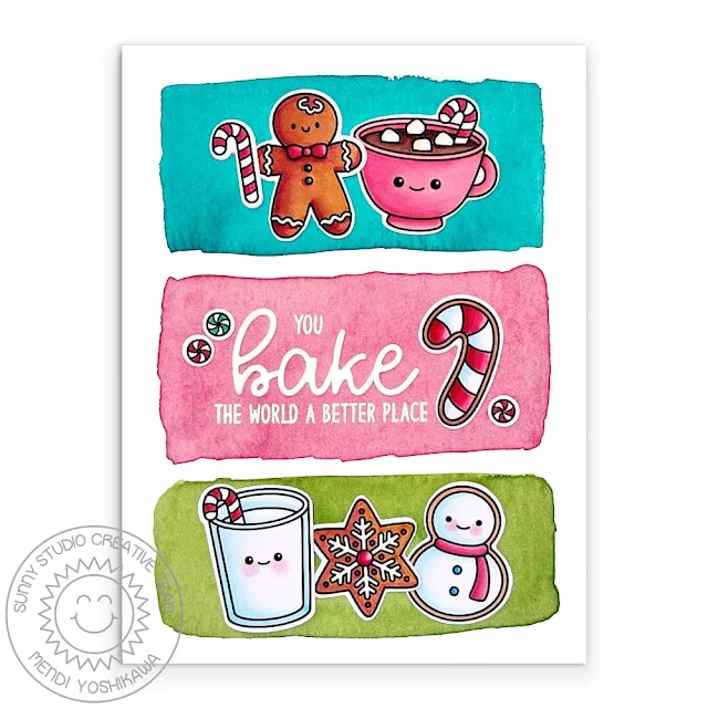 Sunny Studio You Bake The World A Better Place Punny Holiday Cookies & Milk Christmas Card (using Baking Spirits Bright Stamps & Loopy Letters Alphabet Dies)
