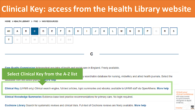 screen-shot of the nhs resources page, showing the "C" section where you can find the link for clinical key