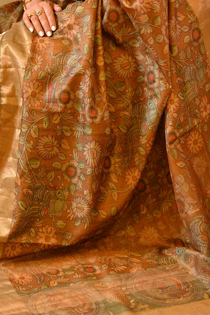 Pure Tussar, zari border, hand done pen kalamkari saree