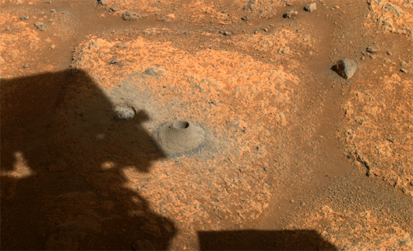 A close-up of the 'paver rock' where NASA's Perseverance Mars rover drilled a hole in preparation for its first rock-sampling attempt...on August 6, 2021.