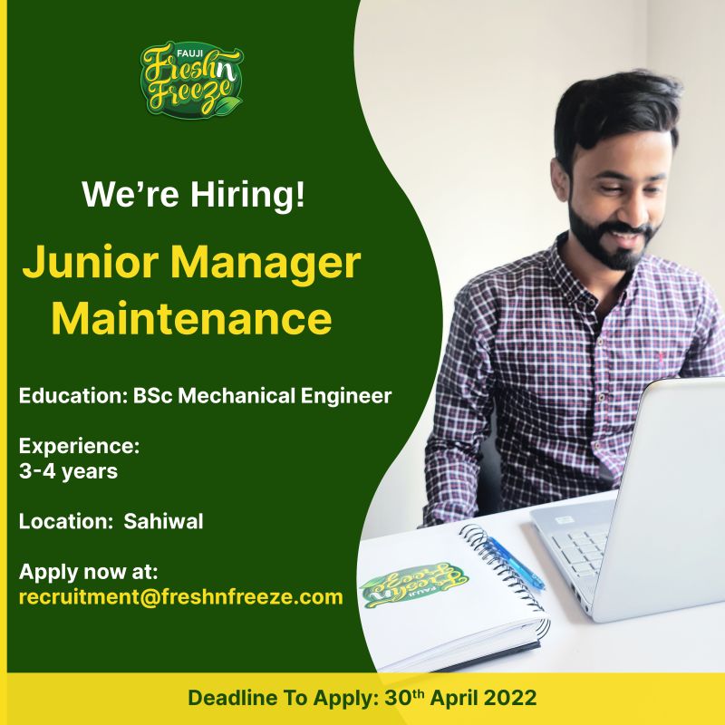 Fauji Fresh n Freeze Limited Jobs For Junior Manager Maintenance