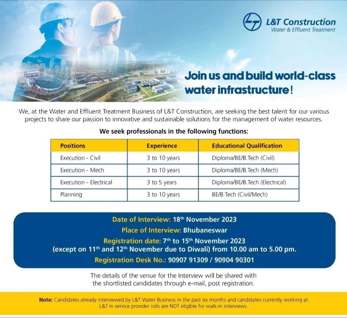 L&T Construction Water & Effluent Treatment Walk-in Interview Campus Placement for Execution - Civil, Mechanical and Electrical at Bhubaneswar