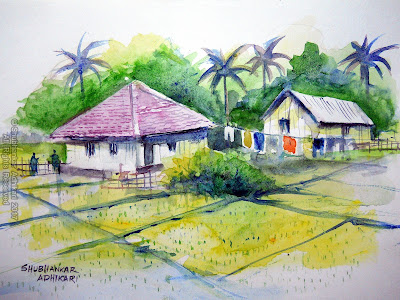 Painting of Village Landscape | Watercolor Art by Kanak Wagh | Exotic India  Art