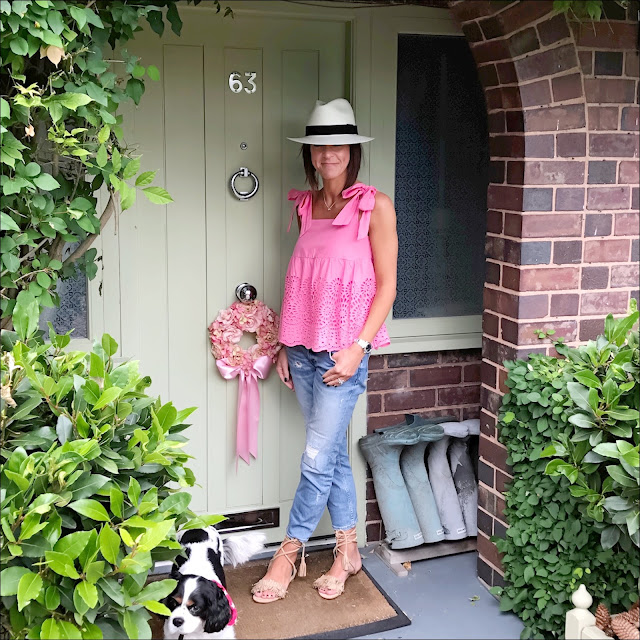 marks and spencer pure cotton broderie pinafore shell top, my midlife fashion, marks and spencer, marks and spencer handwoven panama hat, zara distressed cigarette jeans, tan flat tassel sandals