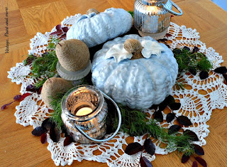 Vintage, Paint and more... thrifted pumpkins upcycled with paint and twine, twine wrapped pears and crochet for a vintage centerpiece