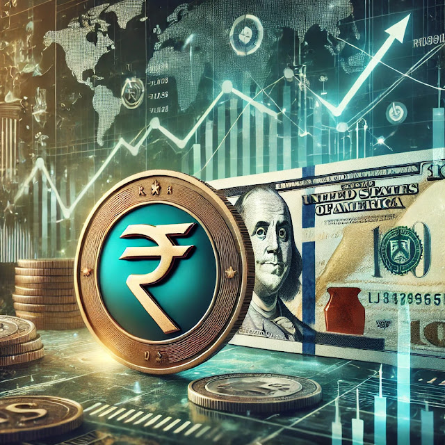 Illustration of Indian Rupee and US Dollar with a financial graph and global market symbols, representing currency fluctuations and trade dynamics