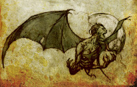 A drawing which resembles sepia ink on parchment of the severed upper body of a batwinged woman with a mouthful of sharp little teeth. She looks fierce, her hands are enormous and clawed and honestly I wouldn't blame anyone for running. She's known as a Manananggal and she a very metal Phillipino monster.