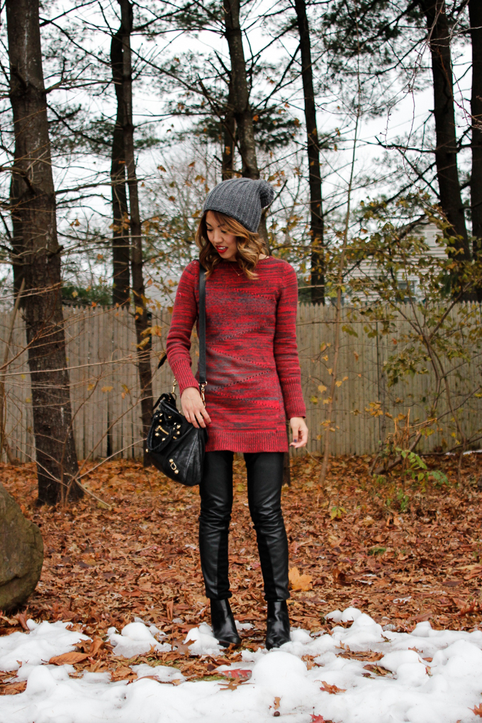 Armani Exchange sweater dress, Armani Exchange leather paneled pants, Zara Chelsea boots, Dogeared Circle necklace, beautybitten