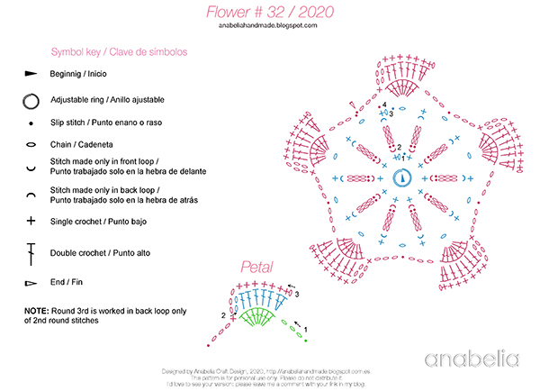 Crochet flower nr 32 free pattern, Anabelia Craft Design