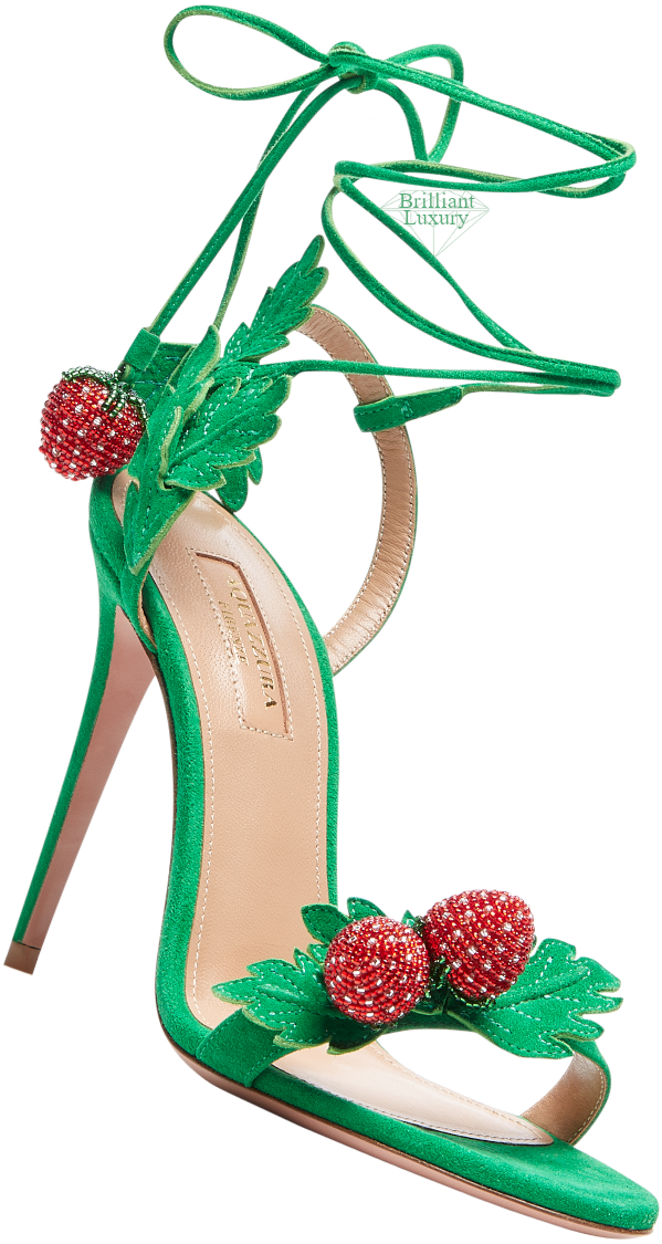 ♦Aquazzura green Fragolina Jungle strawberry detail sandals #aquazzura #shoes #brilliantluxury