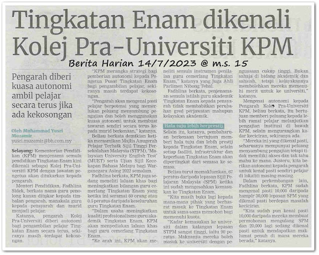 Tingkatan Enam dikenali Kolej Pra-Universiti KPM - Keratan akhbar Berita Harian 14 Julai 2023