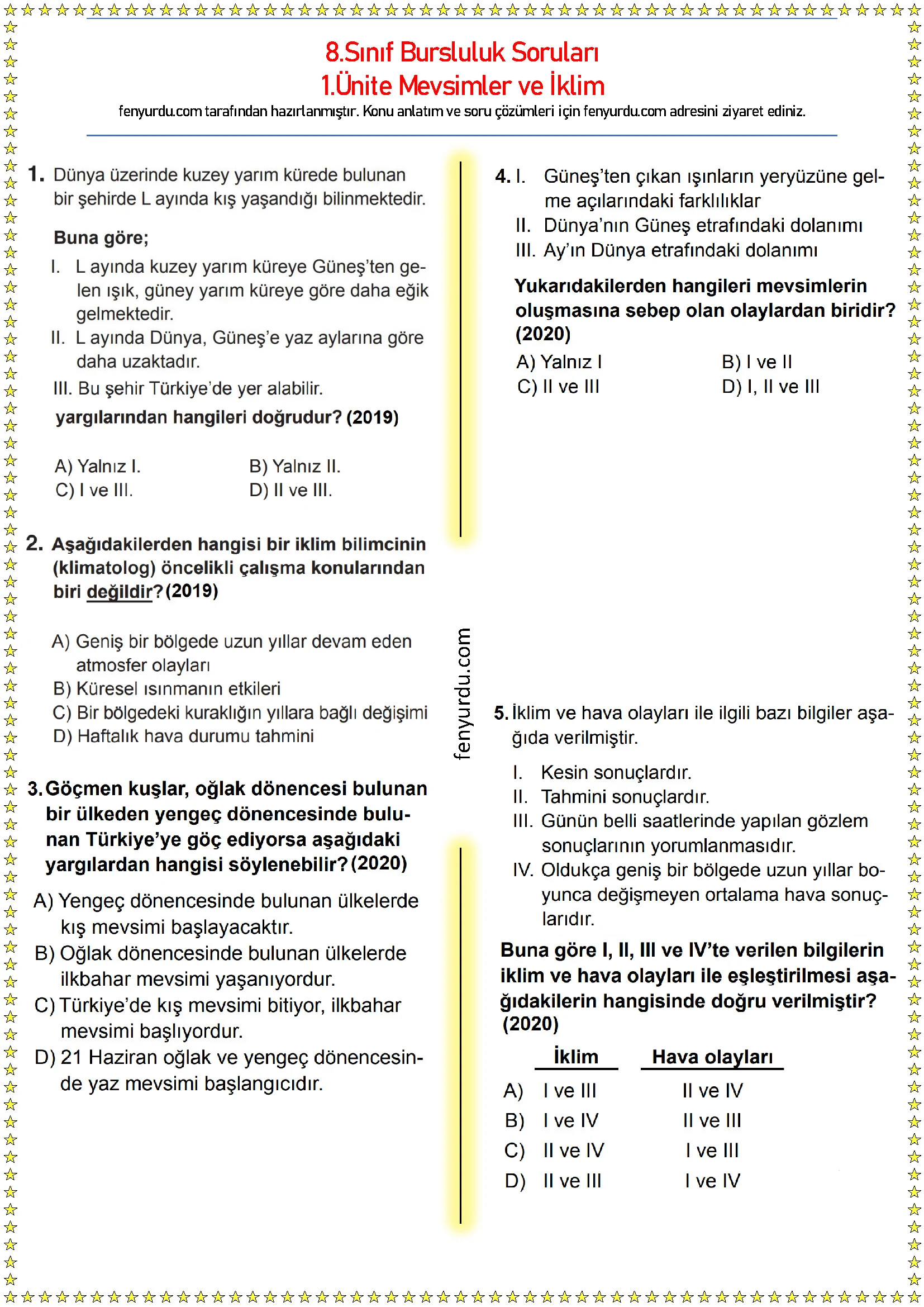 Mevsimler ve İklim Çıkmış Sorular