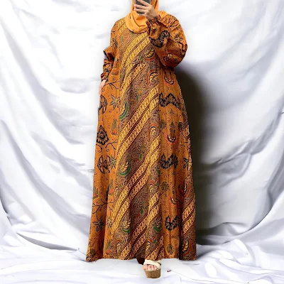 pakaian muslim gamis syari batik kombinasi ukuran jumbo warna sogan coklat