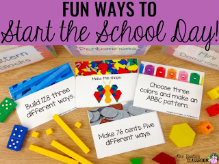 Image of math task cards with text, "Fun Ways To Start The School Day."