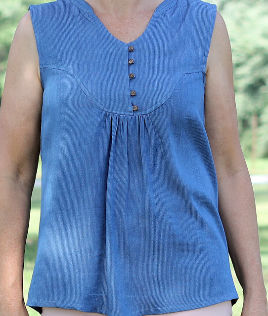 Indiesew's Valencia Tunic in Rayon Denim Shirting- close view