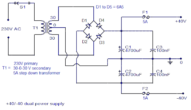 http://elektriktech.blogspot.com Simple 150 Watt amplifier circuit using transistors TIP 147 TIP 142