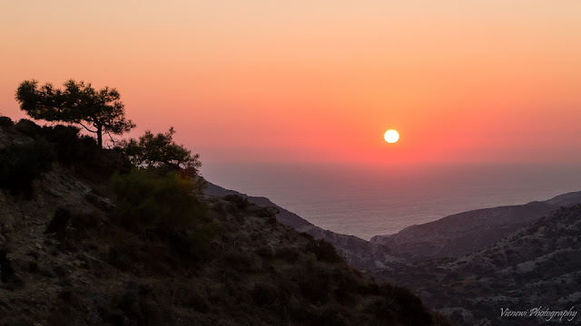 Słońce ponad taflą morza i górzysty krajobraz z sosnami z lewej strony kadru, na wzgórzu.