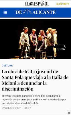 La obra de teatro juvenil de Santa Pola que viaja a la Italia de Meloni a denunciar la discriminación - Prensa 29/10/22