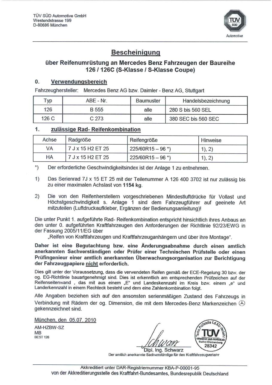 Rad-/Reifenkombinationen für S-Klasse W 126