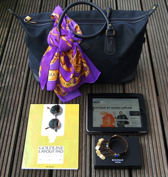 1. IPad                                                                                                                                                                      2. 1980s Chanel Scarf from Susan Caplan                                                                                                                     3. Sketchpad for my designs                                                                                                                                         4. 1970s Anne Klein Sunglasses from Susan Caplan                                                                                                         5. 1970s Brass And Copper Tribal Armlet from Boutique By Susan Caplan