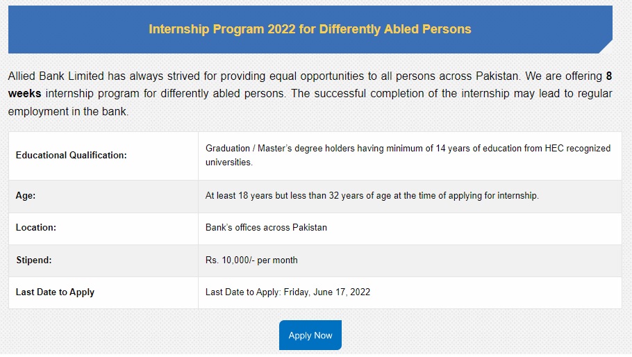 Allied Bank Internships 2022 for Differently Abled Persons Apply Online All Over Pakistan