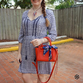 awayfromtheblue Instagram summer SAHM style blue boho printed peasant dress with red bag