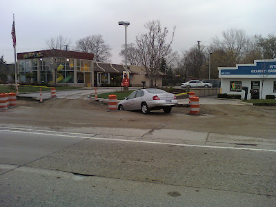 crash into mcdonalds, drive off the road