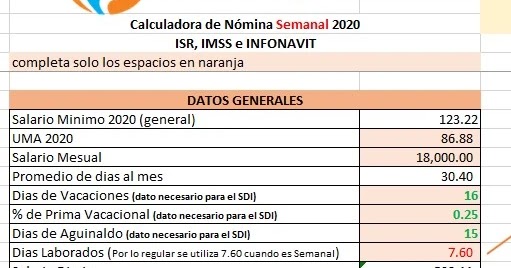 Calculadora de Nómina 2020 Semanal en Excel El blog de
