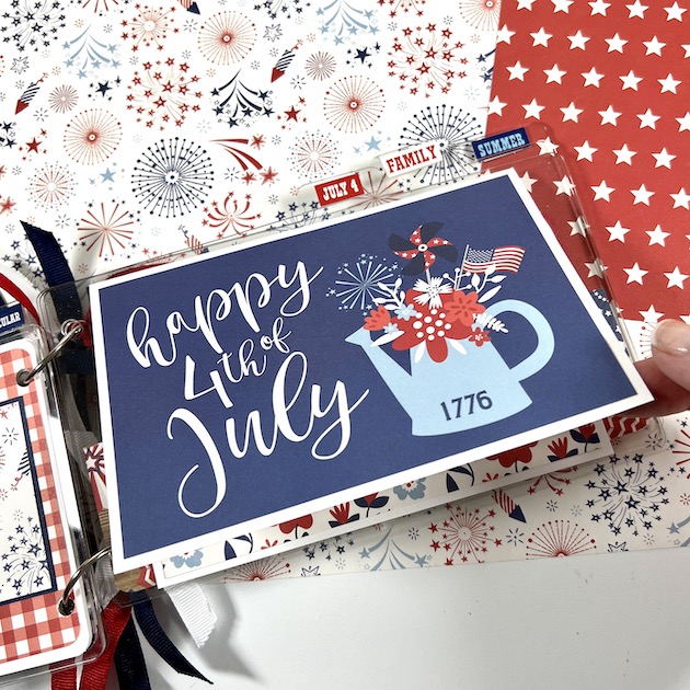 July 4th patriotic scrapbook album page with folding card for holiday photos