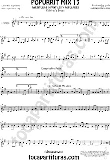  Partitura de Trompa y Corno Francés en Mi bemol Popurri Mix 13 La Cucaracha, Cumpleaños Feliz, El Patio de Mi Casa Sheet Music for French Horn Tutorial de Mi bemol de saxo alto, disculpen las molestias, sirve igual.