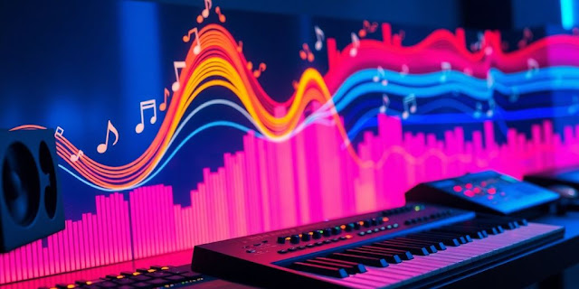 Digital audio workstation with sound waves and music notes.