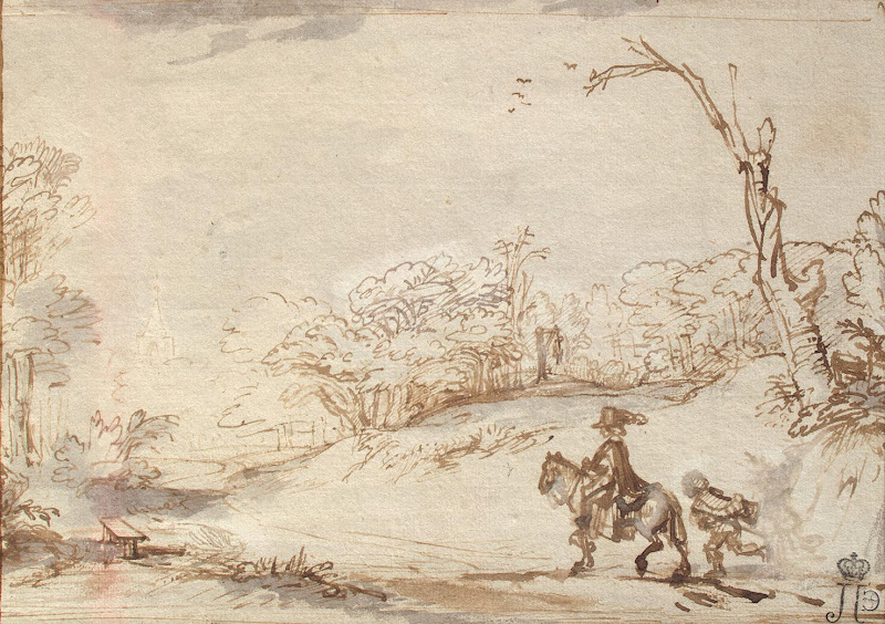 Landscape with a Rider by Rembrandt Harmenszoon van Rijn - Landscape Drawings from Hermitage Museum