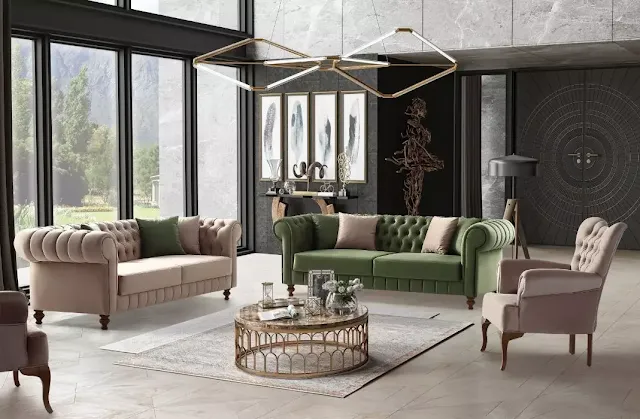 Modern dekorasyon stiliyle döşenmiş ferah ve şık bir oturma odası.