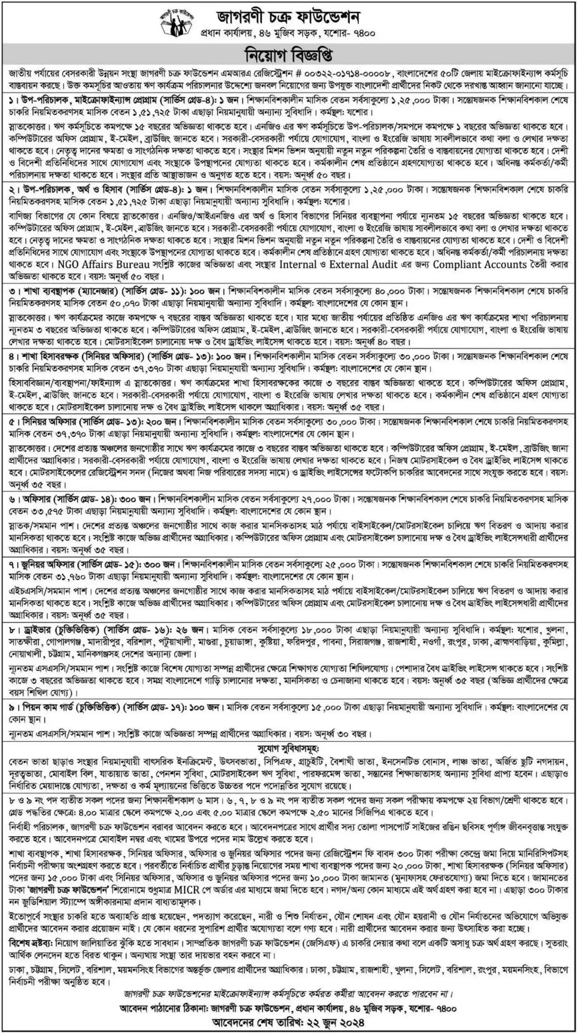 জাগরণী চক্র ফাউন্ডেশন নিয়োগ বিজ্ঞপ্তি ২০২৪